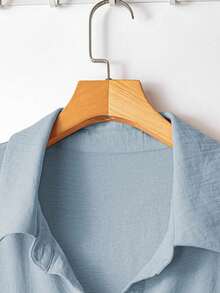 Linhara 大码纯色休闲长袖衬衫 - 藍色 - 查看 3