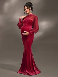 Cheriluna Maternity Maternity Long Sleeve Stand Collar Backless Fishtail Dress, Suitable For Christmas Party, Elegant Party, Baby Shower - Burgundy - View 1