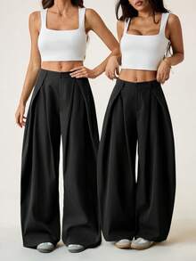 SHEIN PETITE Women's Summer Vintage Casual Streetwear Going Out Oversized Green Curved Hem Pants Pants