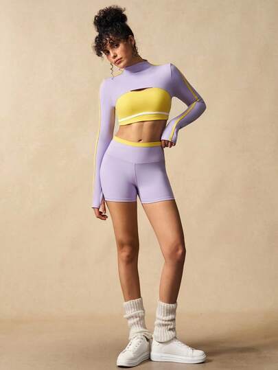 VARSITIE Women's Contrast Color 2 In 1 Cropped Top And Shorts Workout Women Sets