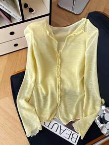 GlowEve 小众设计开领轻薄针织长袖防晒衬衫 - 黃色 - 查看 1