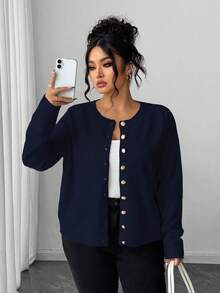 Elenzga Plus Size Casual Solid Color Gold Button Long Sleeve Cardigan