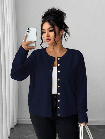 Elenzga Plusstorlek Casual Enfärgad Guldknappad Långärmad Kofta