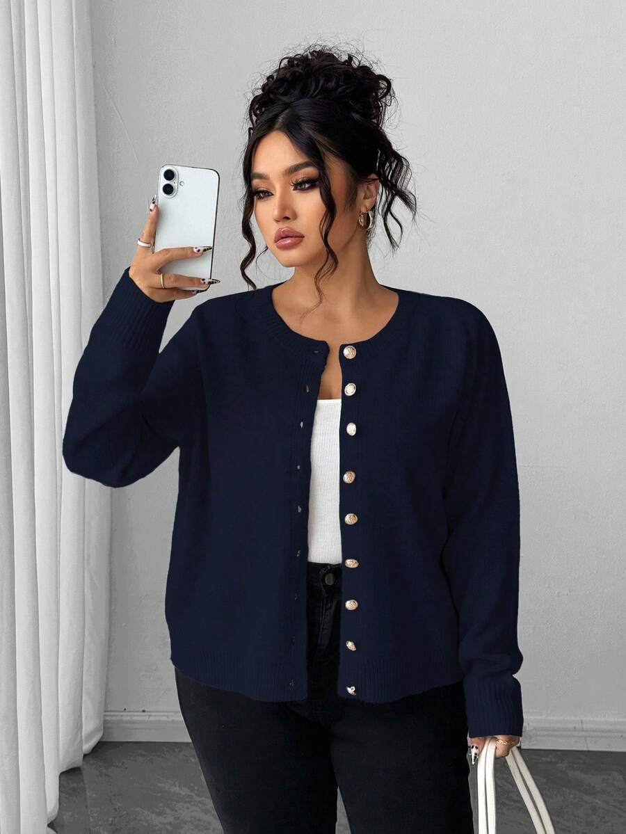 Elenzga Plus Size Casual Solid Color Gold Button Long Sleeve Cardigan