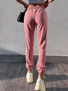 SHEIN Cottnline Solid Color Slanted Pocket Sweatpants - Pink - View 2