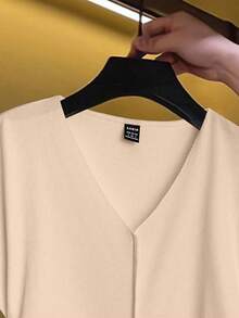 Franclia Women's Solid Color V-Neck Cap Sleeve Ruched Hem Fashionable T-Shirt - Apricot - View 4