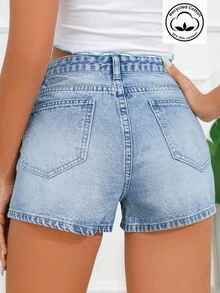 SHEIN Frenchy 夏季休闲水洗斜口袋牛仔短裤