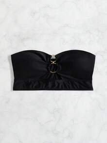 Swim Basics Summer Beach Ring Linked Bandeau Bikini Top - Black - View 4