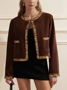 Aveloria Rosie 女士优雅亮片和亮片装饰夹克，带按扣，高端秋冬 - 棕色 - 查看 4