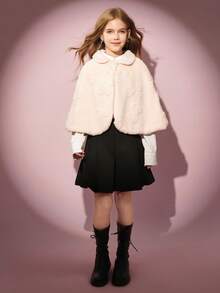 Girls' Casual Lapel Faux Fur Poncho Jacket,Bow Decor Jacquard Fabric Apricot Autumn Cool Girl Aesthetic Wedding Guest Outing Party School Travel - White - View 5