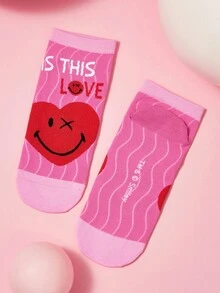 SmileyWorld® | SHEIN 2雙女款柔軟透氣吸濕休閒短襪，心形圖案時尚可愛，白色與紅色，加強腳趾與腳跟耐穿，四季百搭，適合夏季與冬季 - 彩色 - 查看 8