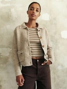 Nöista Women's Oatmeal Button-Up Cardigan With Patch Pockets,Cozy Timeless Blue And White Striped,Autumn,Casual,Office Sweater For Fall,Winter Layered Looks - Army Green - View 3