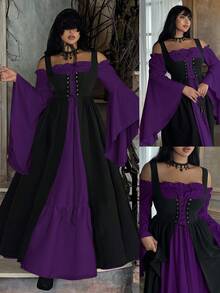 Lyrianda Plus Size Women's Off Shoulder Long Sleeve Flare Sleeve Ruffle Elegant Vintage Cute Halloween Party Casual Holiday Colorblock Dress