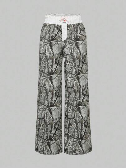 Pantalon décontracté pour femmes de style Y2K avec imprimé camouflage, broderie nœud papillon et contraste de couleurs