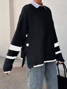 EURMUSE Women Stripe Knit Design Sweater With Button Details - Black - View 2