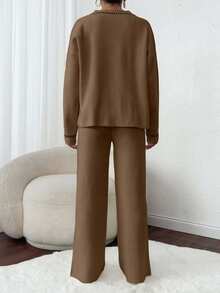 EURMUSE 女士落肩长袖单排扣针织开衫和针织裤休闲套装 - 杏色 - 查看 2