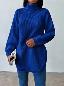EURMUSE Women's Solid Color High Neck Raglan Sleeve Loose Casual Versatile Sweater - Royal Blue - View 5