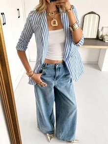 SHEIN Frenchy 女士休闲时尚百搭老款条纹亚麻披肩领褶皱七分袖西装外套商务女装教师服条纹西装外套教师西装外套秋装