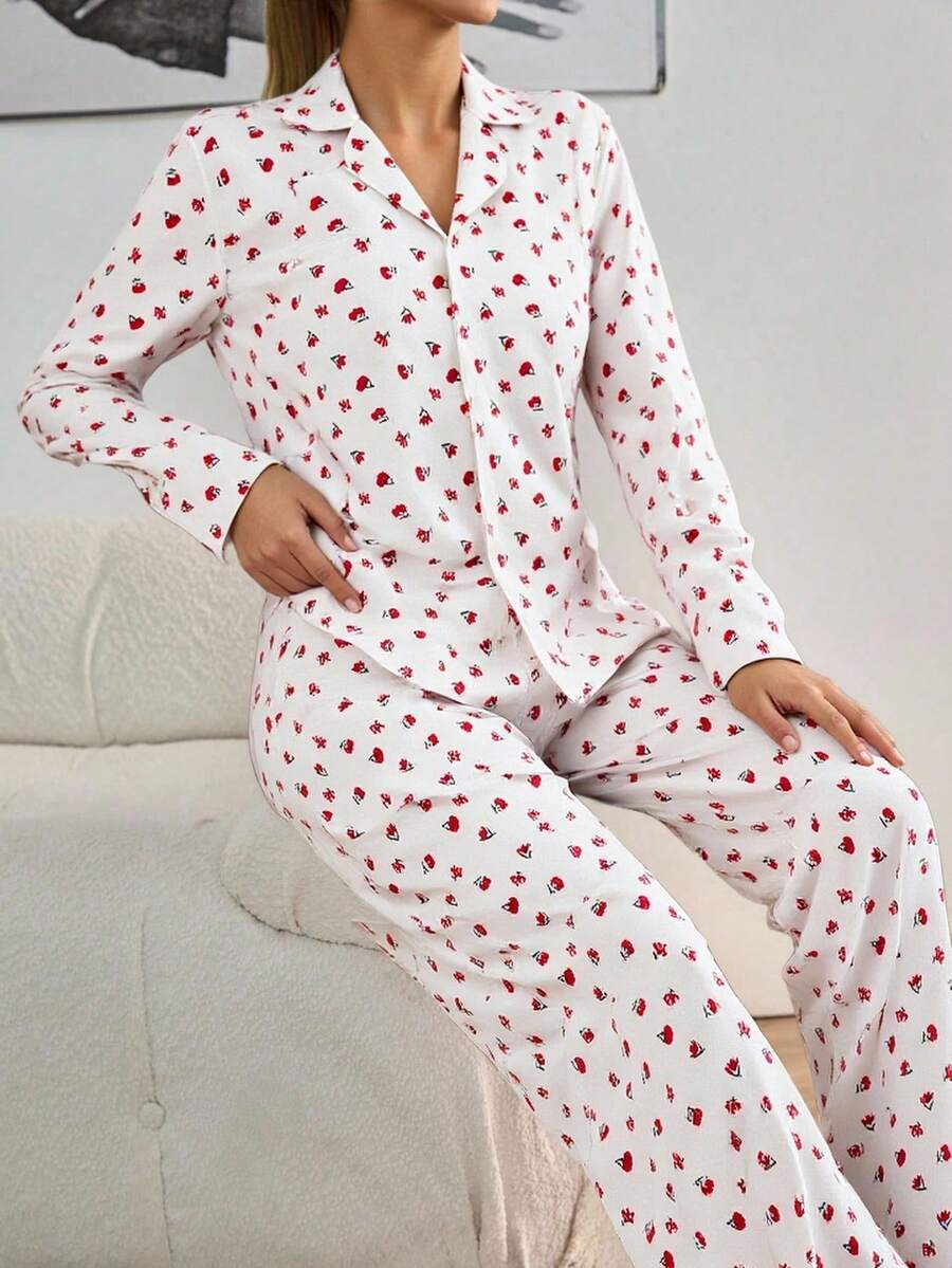 EURMUSE Bộ đồ ngủ mặc nhà thoải mái 2 món bằng cotton dành cho nữ có nút cài và họa tiết hoa - trắng - Xem 1