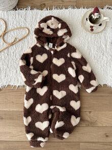 LMoss Kids LMoss  Baby Girl Heart Pattern Knitted Hooded Plush Casual Jumpsuit,Winter Clothes,Cozy Fall & Winter Styles,Styles Confortables D'automne&Hiver,Gemütliche Herbst- & Winterstile,