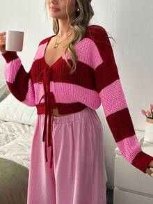 EURMUSE Áo len cardigan cổ chữ V kẻ sọc rộng in họa tiết Back To School có dây buộc phía trước và chi tiết thả vai - Hồng - Xem 6