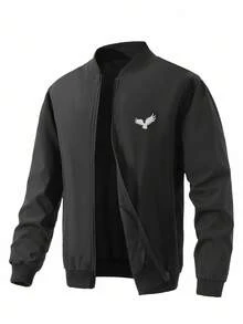 Manfinity Homme 男士休闲鸟纹拉链夹克，秋季 - 黑色 - 查看 8