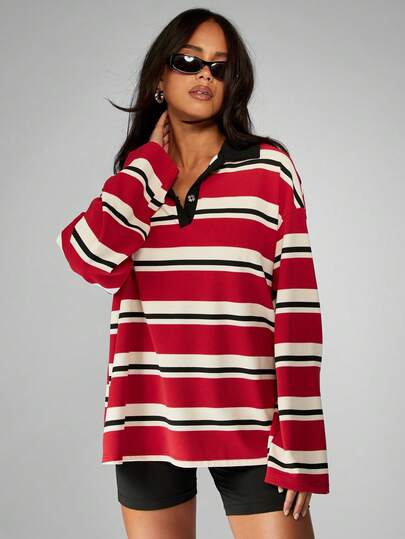 MISSGUIDED Retro Varsity Rugby Polo Stripe Oversize Pullover With Contrast Collar Autumn Winter Casual Long Sleeve Preppy Style