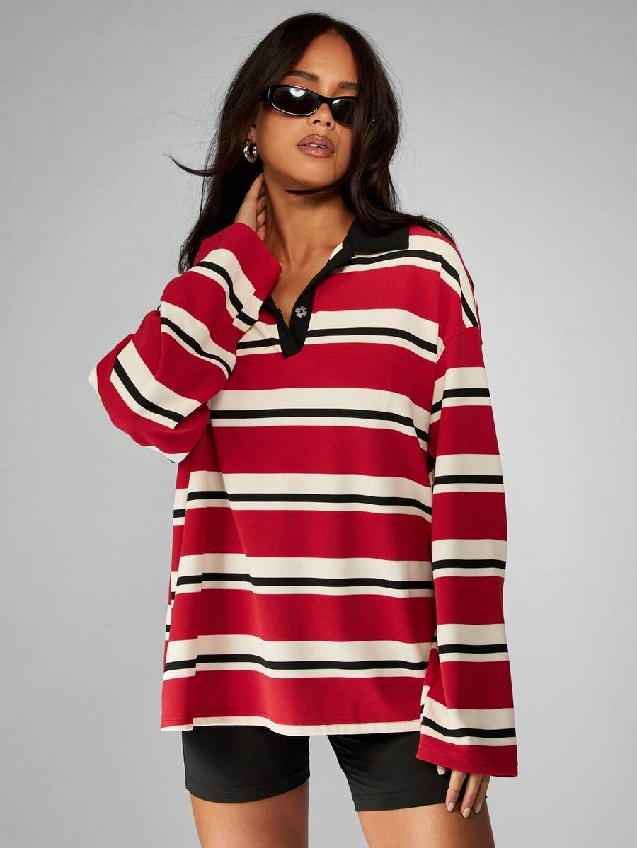 MISSGUIDED Áo thun polo kẻ sọc cổ tròn cổ điển Varsity Rugby cỡ lớn có cổ tương phản, tay dài, phong cách học sinh, thường ngày mùa thu đông - Nhiều màu - Xem 1