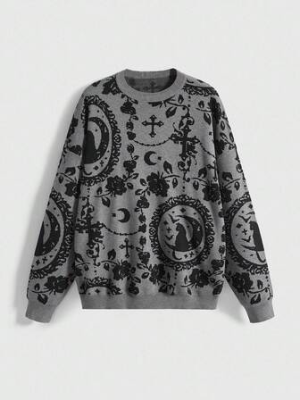 Goth Maglione oversize con stampa completa di gatto nero misterioso, luna e motivi gotici, adatto per Ognissanti