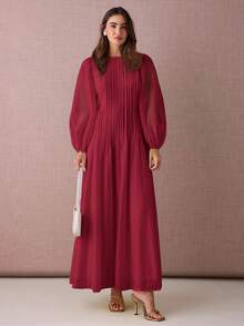 Enchnt 女士纯色圆领灯笼袖褶皱设计优雅连衣裙 - 酒紅色 - 查看 4