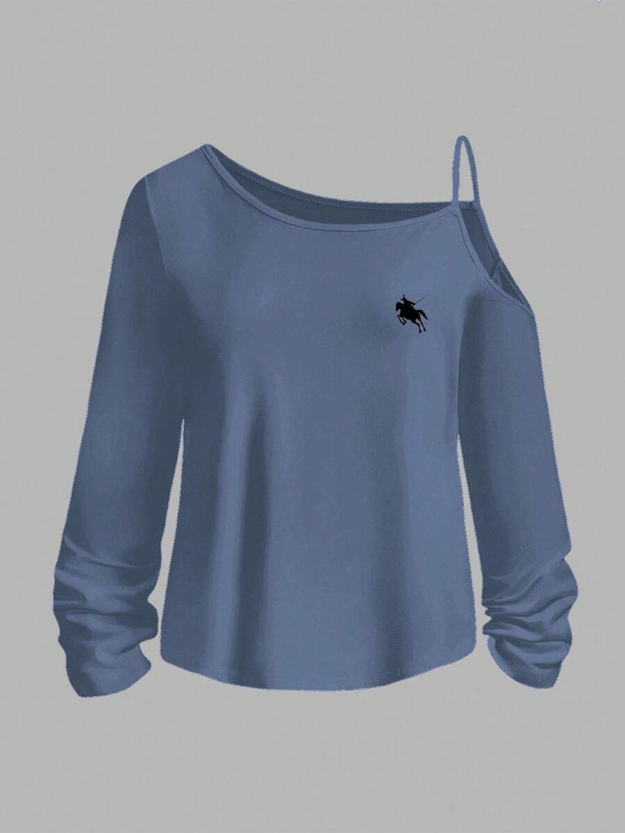 SHEIN Essnce Camiseta de tirantes finos y manga larga con estampado de jinete ecuestre casual, adecuada para la primavera - Neblina azul - Ver 1