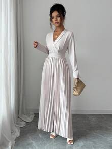 Rafferiza 休闲优雅商务通勤翻领长袖褶皱阔腿连体裤，杏色，女士，秋冬 - 杏色 - 查看 3