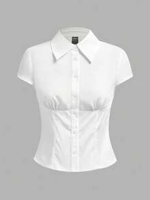 Aloruh Áo sơ mi nữ màu trắng trơn thanh lịch, tay ngắn, xếp ly ở eo, thích hợp cho công sở và mặc hàng ngày, mùa xuân/hè. - Nhiều màu - Xem 6