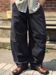 DAZY 海军蓝色褶皱设计宽松喇叭裤男士秋季 - 藏蓝色 - 查看 4