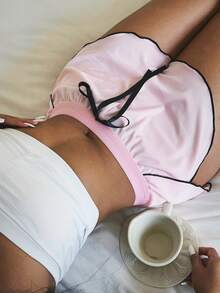 Lowkey Lull 女士撞色饰边系带开衩时尚舒适百搭睡裤 - 藕粉色 - 查看 4