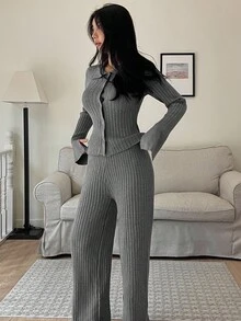 DAZY Women's Minimalist Ribbed Knit Loungewear Set, Autumn/Winter, Fall Clothes Pajama, Cozy Outfit - Grey - View 5