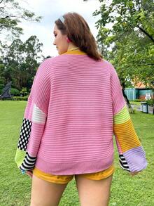 Solflare Plus Dopamine Striped & Checkered Pattern Drop Shoulder Cardigan In Fall/Winter