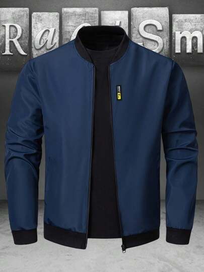 Manfinity Homme Men's Solid Color Minimalist Casual Zip-Up Long Sleeve Jacket Coat Windbreaker/Outdoor Windbreaker, For Fall