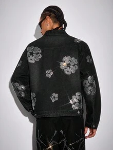 ROMWE MEN Grunge Punk Men's Rhinestone Decor Front Button Casual Long Sleeve Denim Jacket