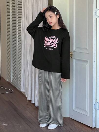 DAZY 2 件儿童青少年女孩圆领印花长袖 T 恤 + 条纹梭织裤家居服套装，秋季
