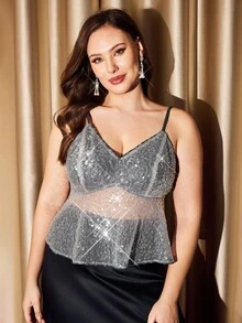 Auralis Plus Size Fashionable Sequin Mesh Camisole For Summer - Black - View 4
