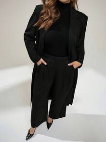 Auralis Plus Size Women's Spring And Fashion Casual Loose Comfortable Daily Versatile Slim Long Suit Jacket And Wide-Leg Pants Gray Suit Set,Old Money Style,Business Casual Woman,Office Outfits For Women,Work Wear, Outfits/ - Black - View 7