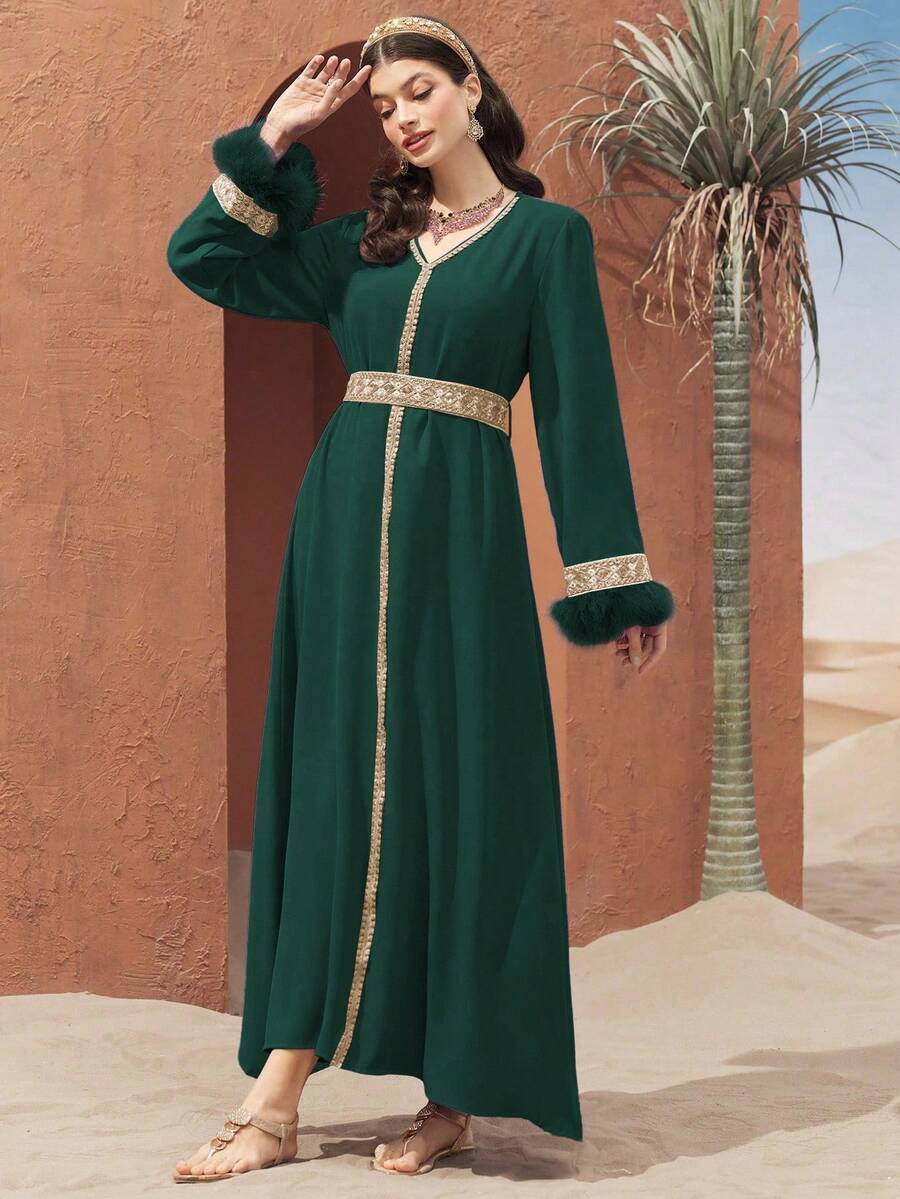 Al Najma Women's Colorblock V-Neck Raglan Sleeve Elegant Long Tunic Dress