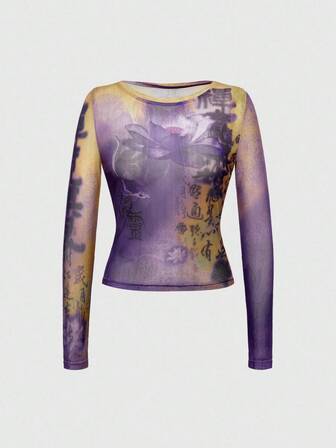 ROMWE Avant Damen Neue Chinesische Art Lotus Blume & Goldfisch Kalligraphie Muster Transparente Mesh Bluse, Frühling/Sommer/Herbst
