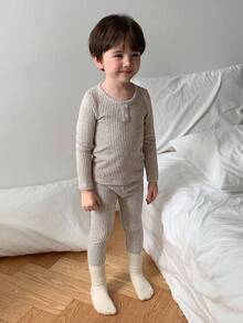DAZY 男童罗纹纯色圆领长袖上衣和裤子睡衣套装