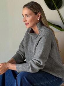 Vivie Lora Damen Lässig einfarbiger Rollkragenpullover, Herbst/Winter - Grau - Übersicht 1