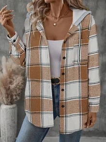 EMERY ROSE Áo khoác nữ tay dài kẻ caro, cài nút đơn giản, có mũ trùm đầu, có túi, mùa thu - màu nâu - Xem 3