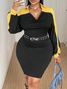 Maweii Plus Size Patchwork Fitted Draped Neck Casual Commuter Stylish Short Dress, Autumn/Winter