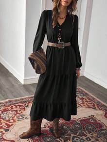 LanaWest Women's Autumn Bohemian Casual Vacation Style Rust Brown Design V-Neck Long Sleeve Patchwork Dress