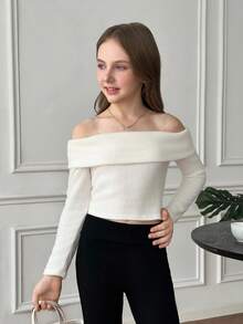 SHEIN 少女纯白色罗纹针织露肩长袖短款上衣T恤，休闲日常穿着，秋冬季，可与妈妈亲子装搭配，时尚秋季款 - 白色 - 查看 7